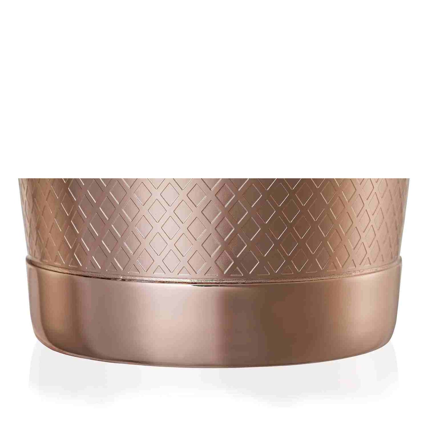 A close-up of the Barfly Copper Plated diamond lattice shaker cocktail tin set of 18 oz and 28 oz on a white background