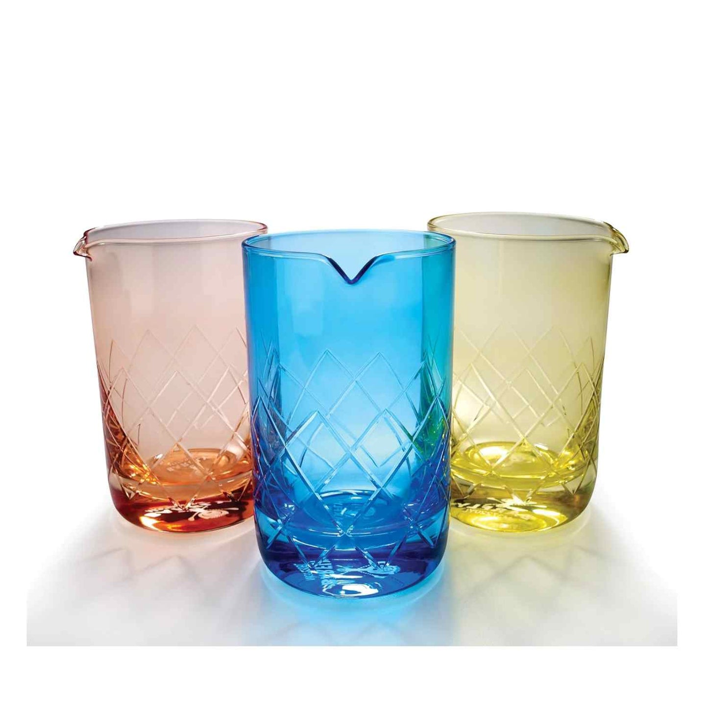A Blue Barfly Mixing Glass 17oz (500 ml) with pink and yellow glasses on a white background