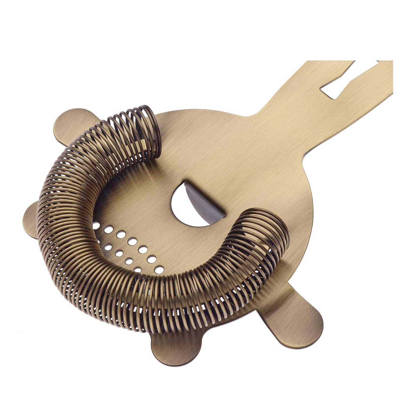 An Antique Gold Barfly Heavy-Duty 4 Prong Spring Bar Strainer on a white background