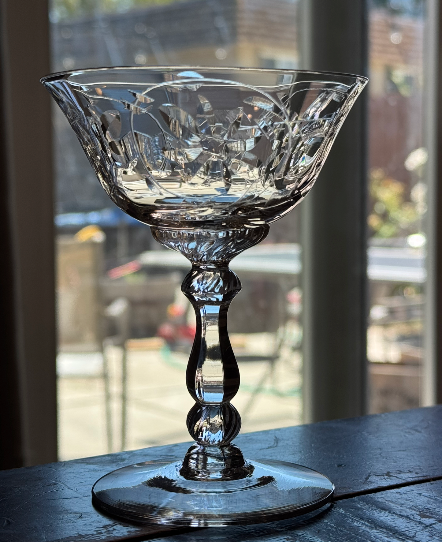 Vintage crystal flared coupe with hand etched floral/linear pattern - 7oz