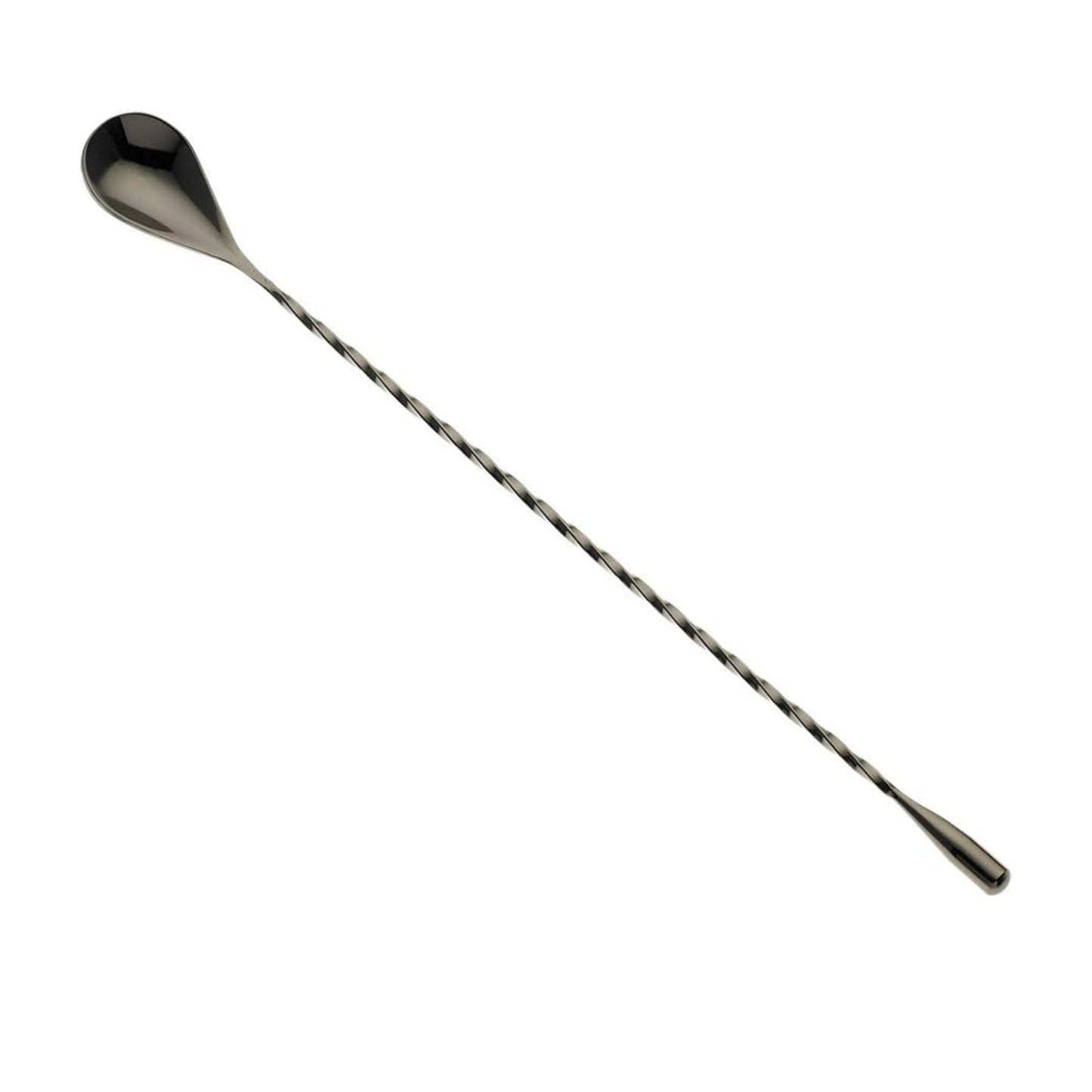 A Gun Metal Black finished Barfly Bar Spoon with Teardrop end on a white background