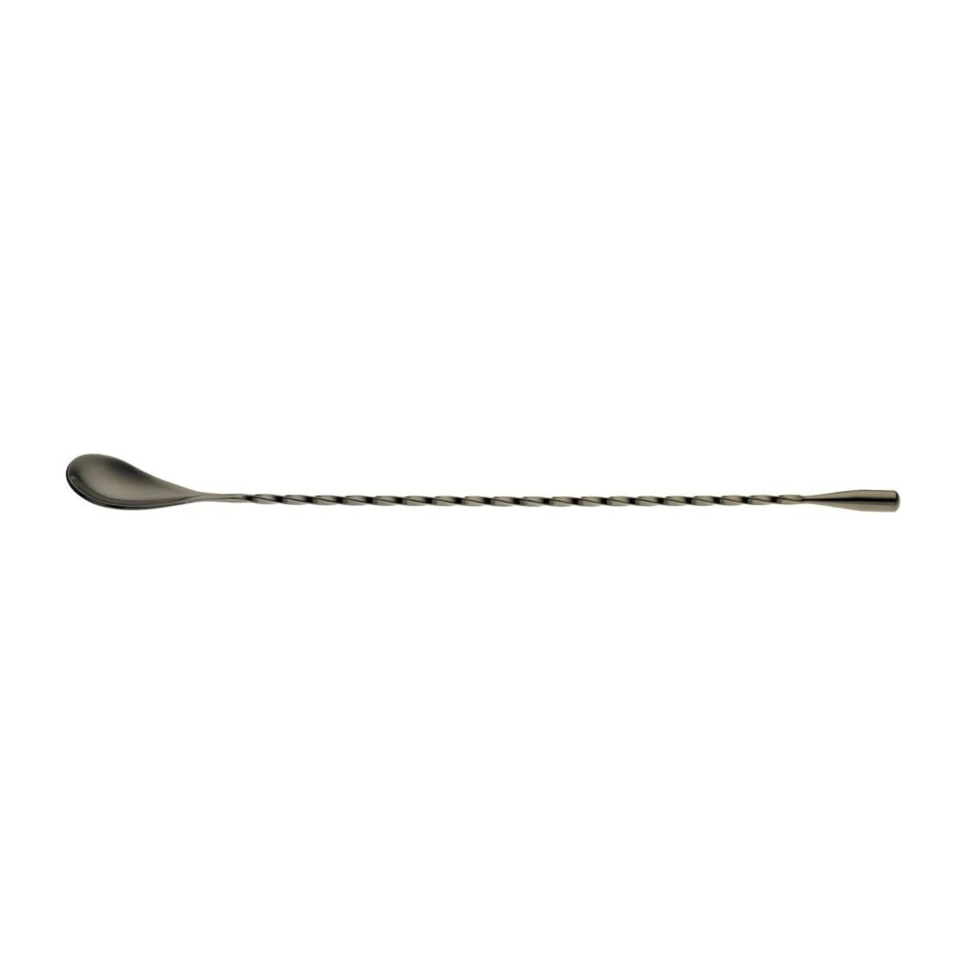 A Gun Metal Black finished Barfly Bar Spoon with Teardrop end on a white background