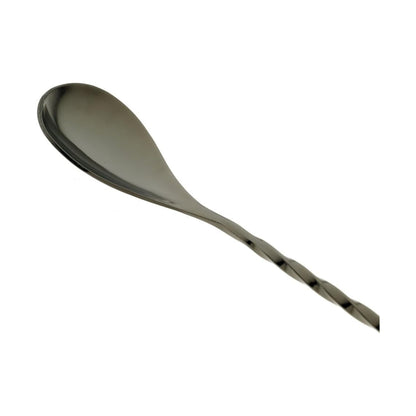 A close-up of a Gun Metal Black finished Barfly Bar Spoon with Teardrop end on a white background