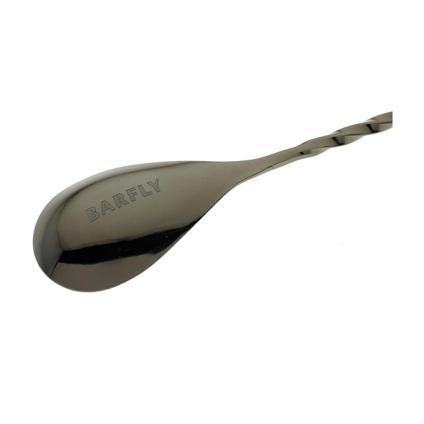 A close-up of a Gun Metal Black finished Barfly Bar Spoon with Teardrop end on a white background
