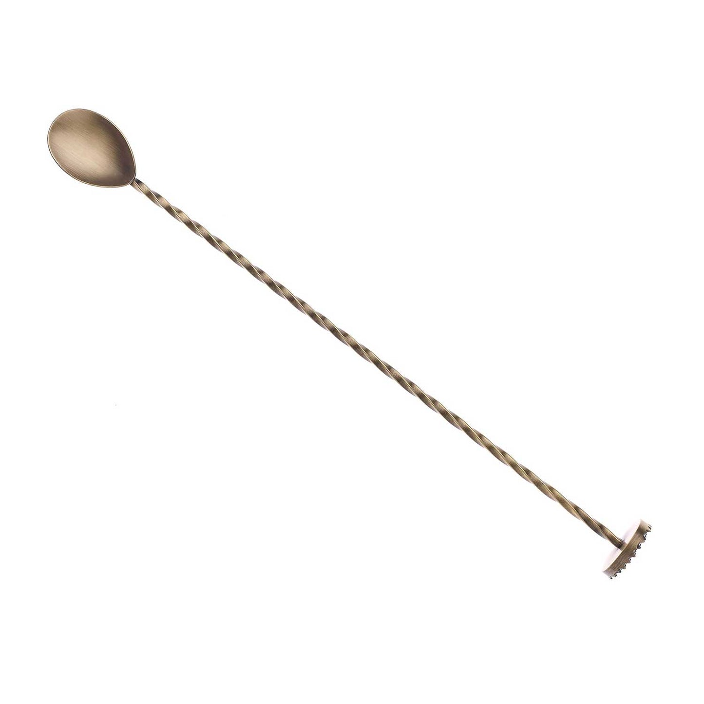 An Antique Gold finished Barfly Bar Spoon with Muddler on a white background