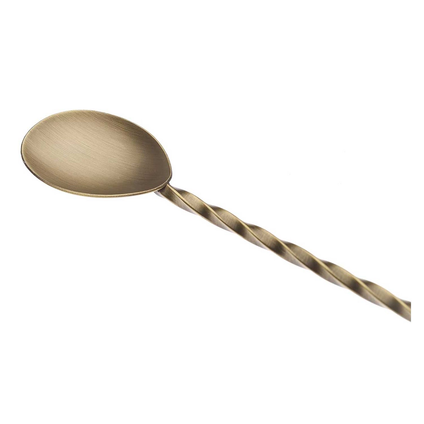 A close-up of an Antique Gold finished Barfly Bar Spoon with Muddler on a white background