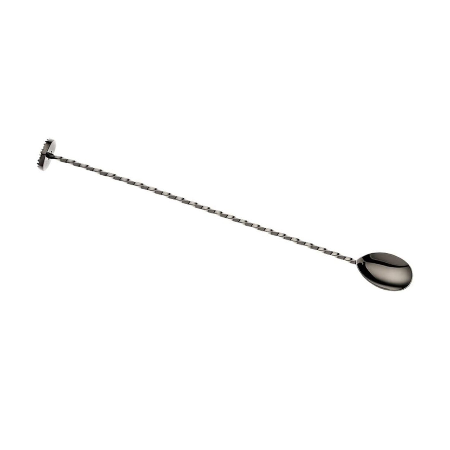 A Gun Metal Black finished Barfly Bar Spoon with Muddler on a white background