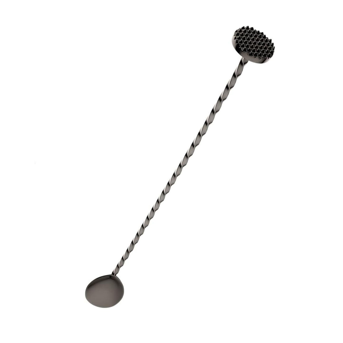 A Gun Metal Black finished Barfly Bar Spoon with Muddler on a white background