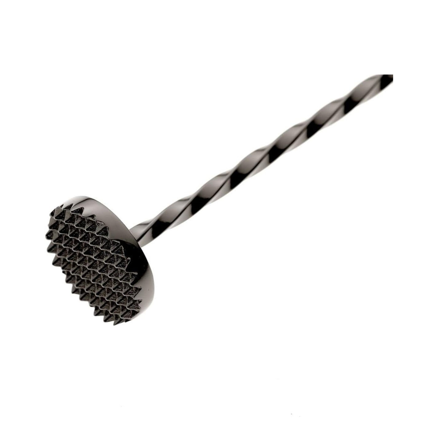 A close-up of a Gun Metal Black finished Barfly Bar Spoon with Muddler on a white background