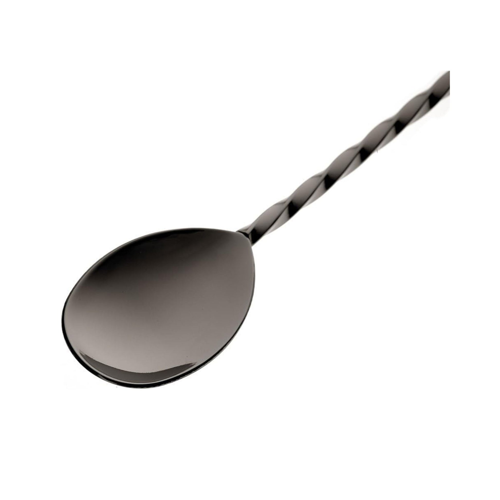 A close-up of a Gun Metal Black finished Barfly Bar Spoon with Muddler on a white background
