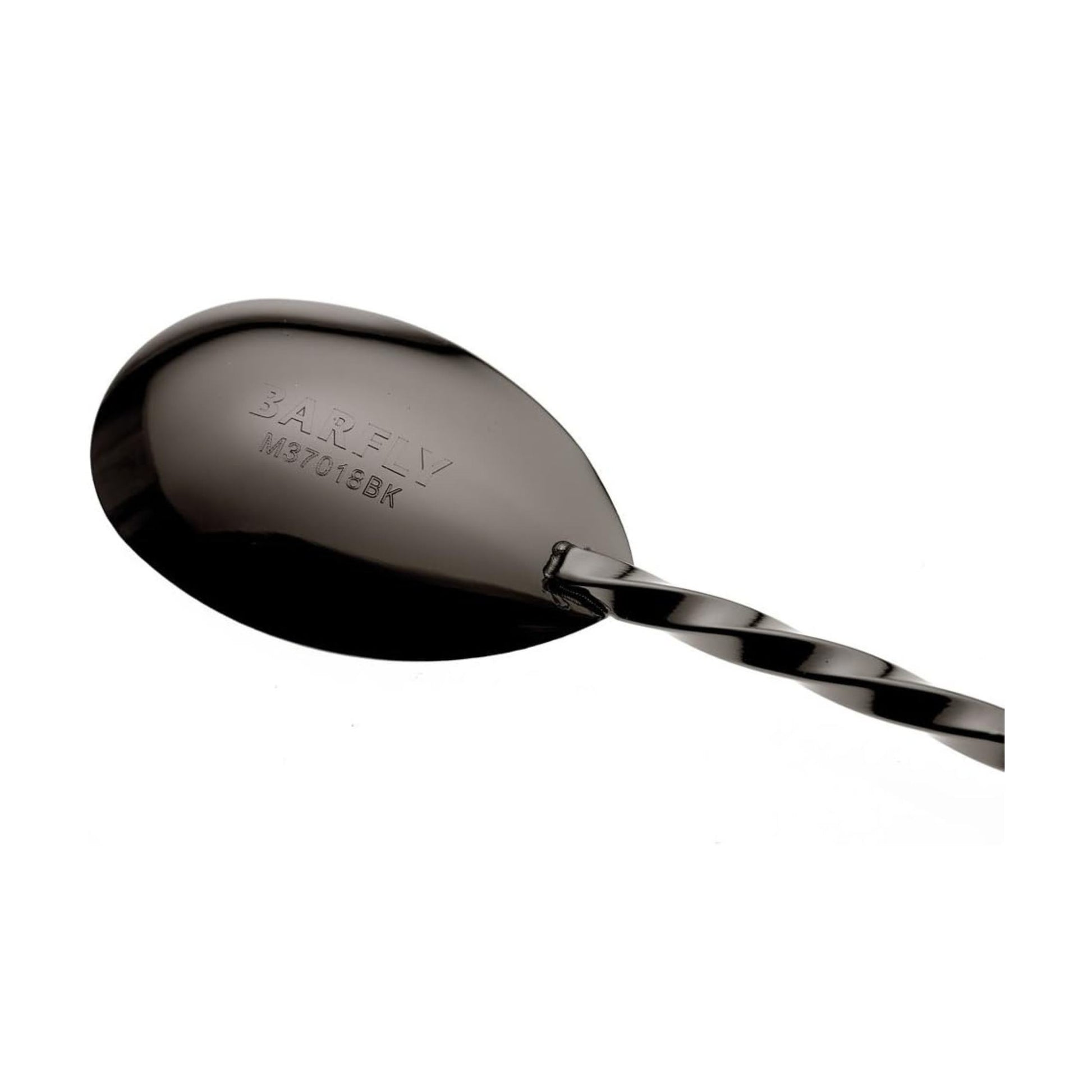 A close-up of a Gun Metal Black finished Barfly Bar Spoon with Muddler on a white background