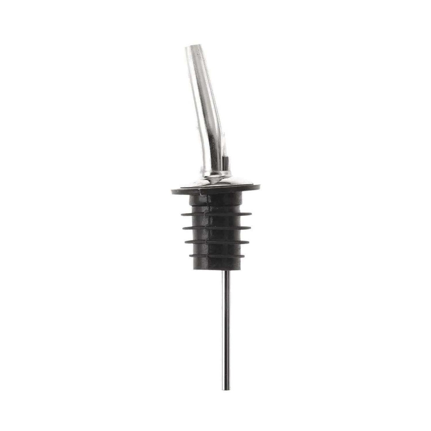 A Stainless Barfly Cocktail Liquor Pourer with a black rubber stopper, on a white background