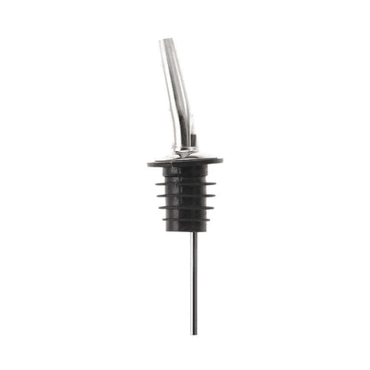 A Stainless Barfly Cocktail Liquor Pourer with a black rubber stopper, on a white background
