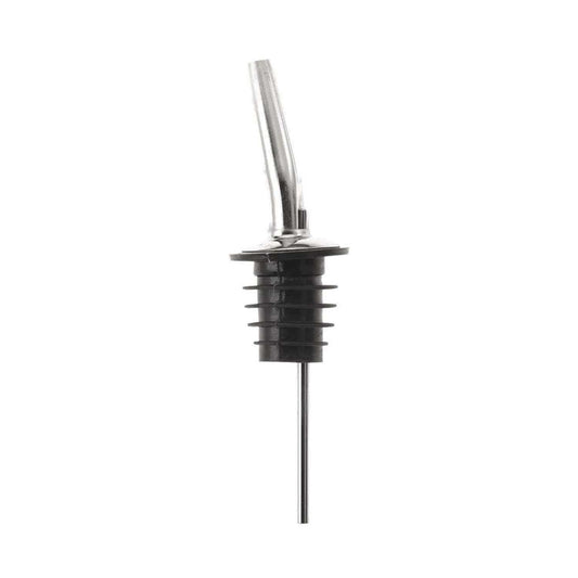 A Stainless Barfly Cocktail Liquor Pourer with a black rubber stopper, on a white background