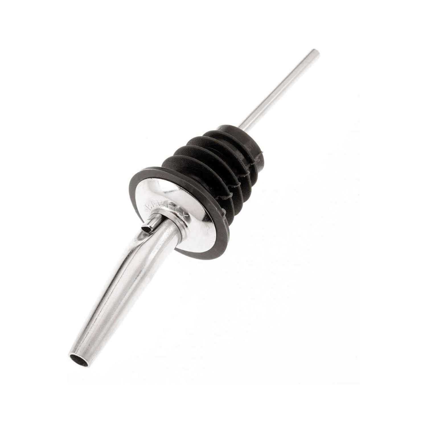 A Stainless Barfly Cocktail Liquor Pourer with a black rubber stopper, on a white background