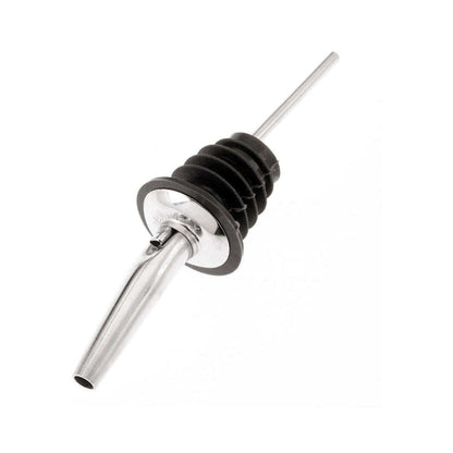 A Stainless Barfly Cocktail Liquor Pourer with a black rubber stopper, on a white background