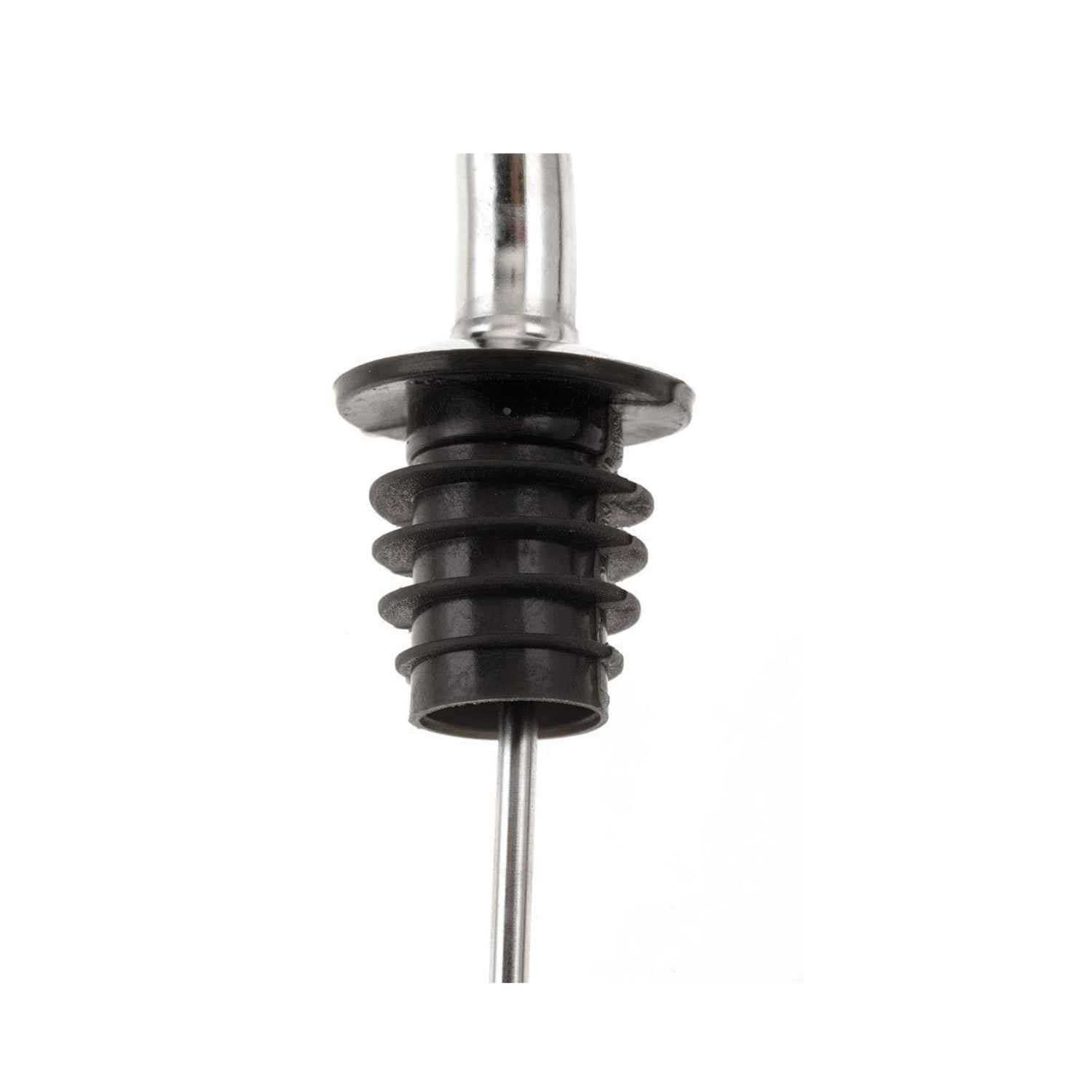 A close-up of the Stainless Barfly Cocktail Liquor Pourer with a black rubber stopper, on a white background