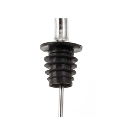 A close-up of the Stainless Barfly Cocktail Liquor Pourer with a black rubber stopper, on a white background