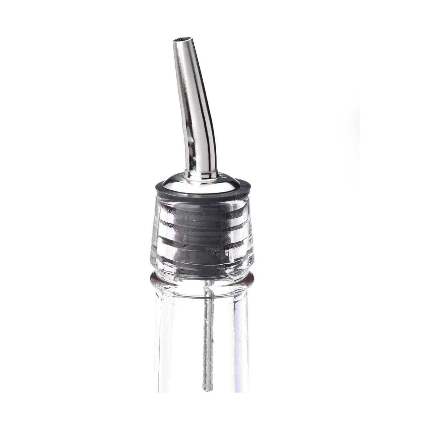 A Stainless Barfly Cocktail Liquor Pourer with a black rubber stopper, inserted into a glass bottle on a white background.