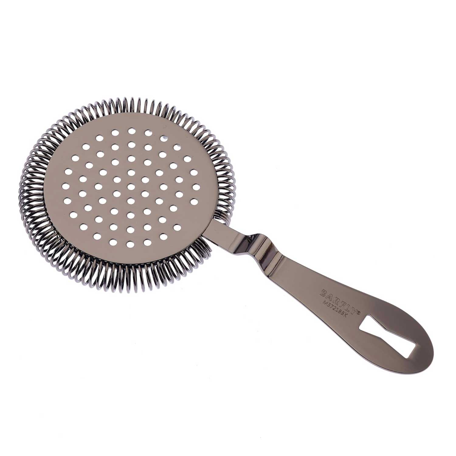 A Gun Metal Black colored Deluxe Antique Hawthorne Spring Strainer on a white background