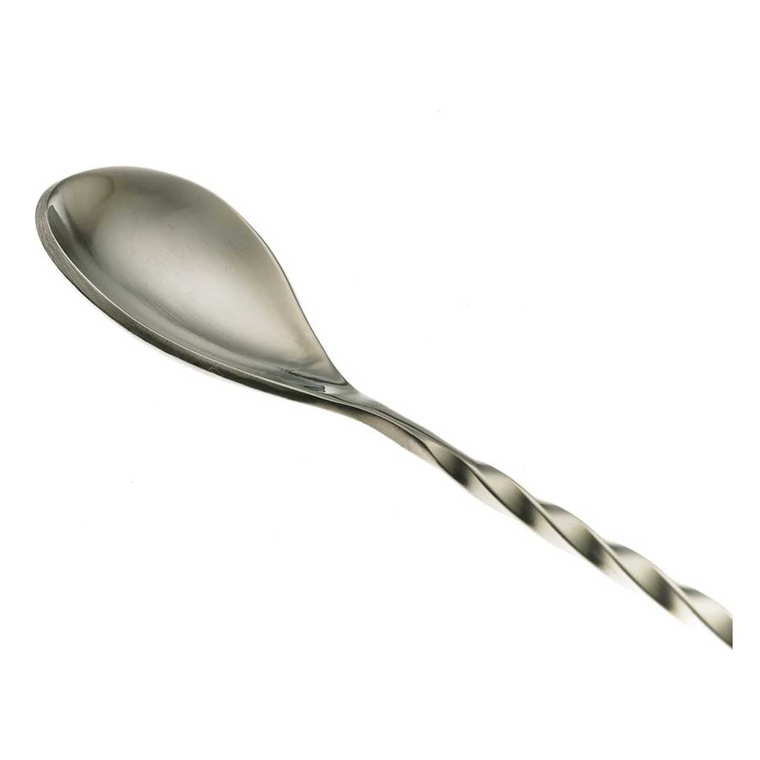 A close-up of the Stainless Steel Barfly Teardrop Bar Spoon, End 15 3/4 in (40 cm) on a white background