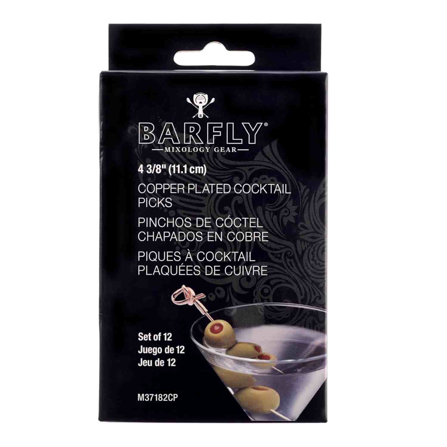 The front of a product box of the 4.5 inch Copper Plated Barfly Cocktail Pick, with a bamboo knot top on a white background.