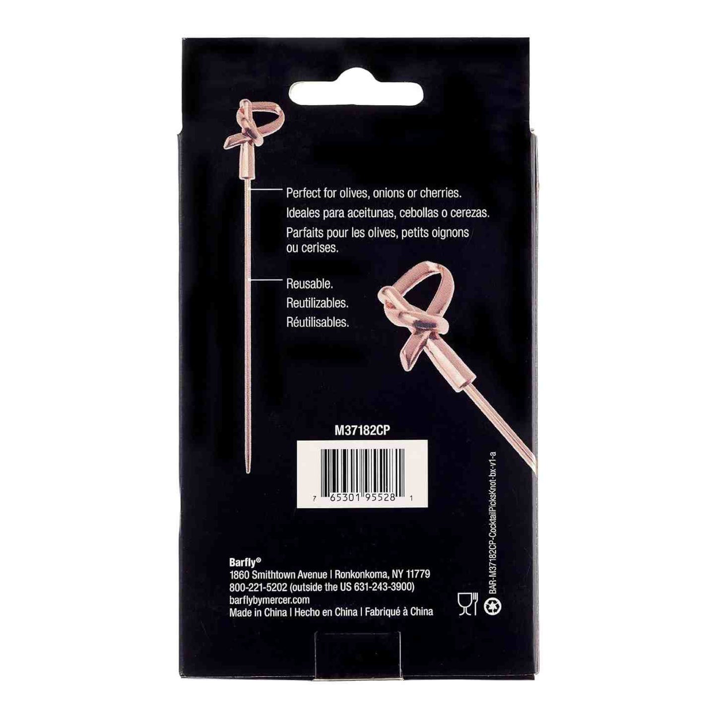The back of a product box of the 4.5 inch Copper Plated Barfly Cocktail Pick, with a bamboo knot top on a white background.