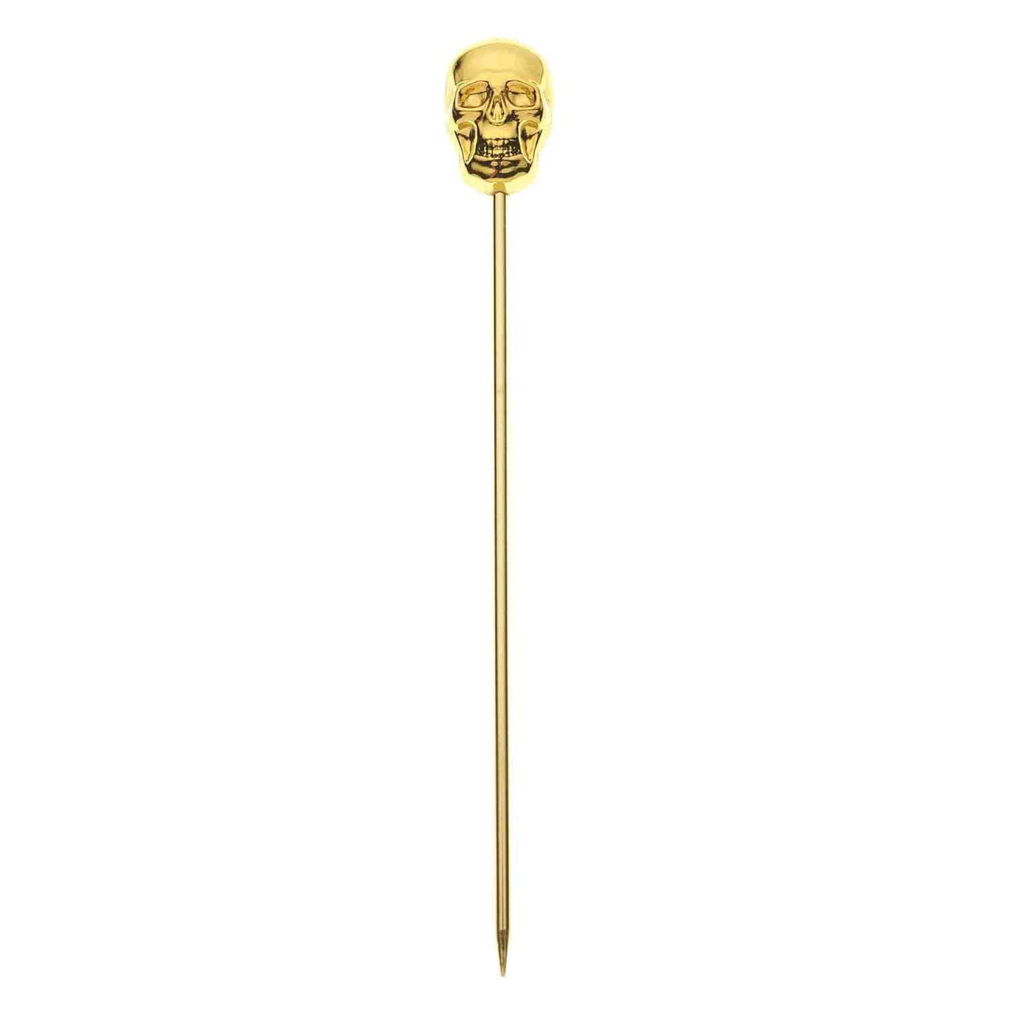 A 4.5 inch Gold Plated Barfly Cocktail Pick, with a skull top on a white background.