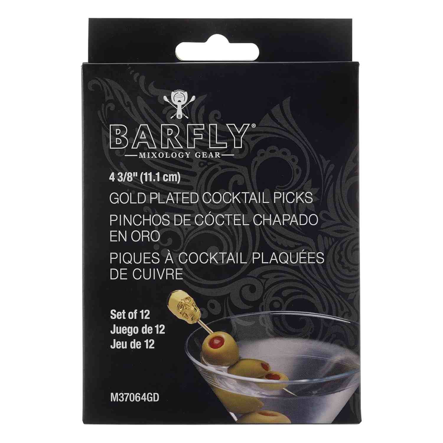 The front of a product box of the 4.5 inch Gold Plated Barfly Cocktail Pick, with a Skull top on a white background.