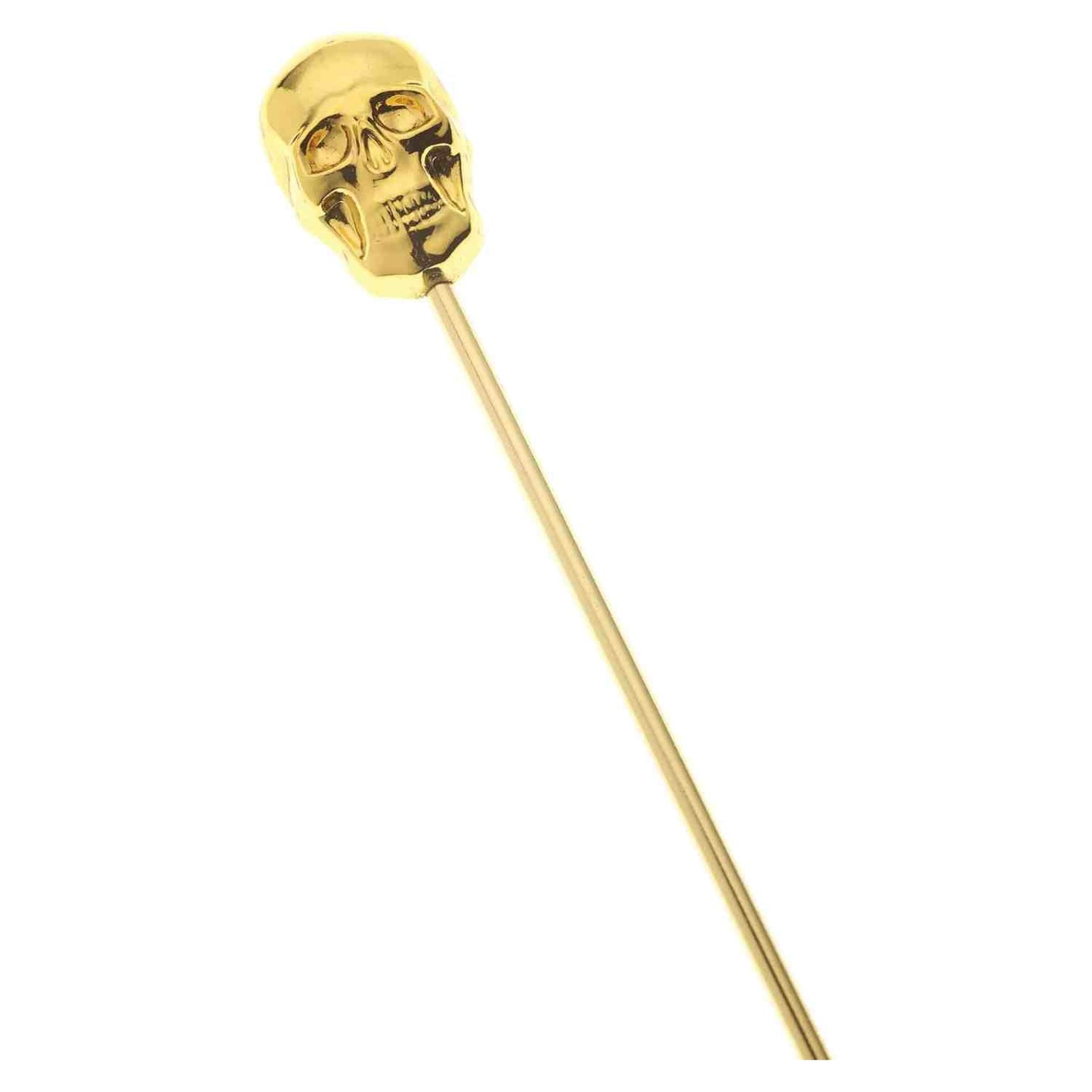 A close-up of the 4.5 inch Gold Plated Barfly Cocktail Pick, with a skull top on a white background.