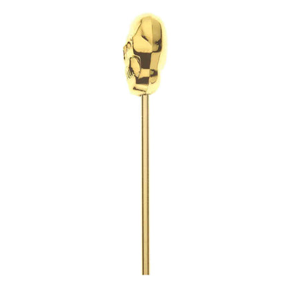 A close-up of the 4.5 inch Gold Plated Barfly Cocktail Pick, with a skull top on a white background.