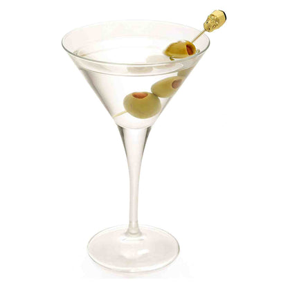 A clear martini in a stemmed glass, garnished with green olives skewered on a 4.5 inch Gold Plated Barfly Cocktail Pick, with a skull top.