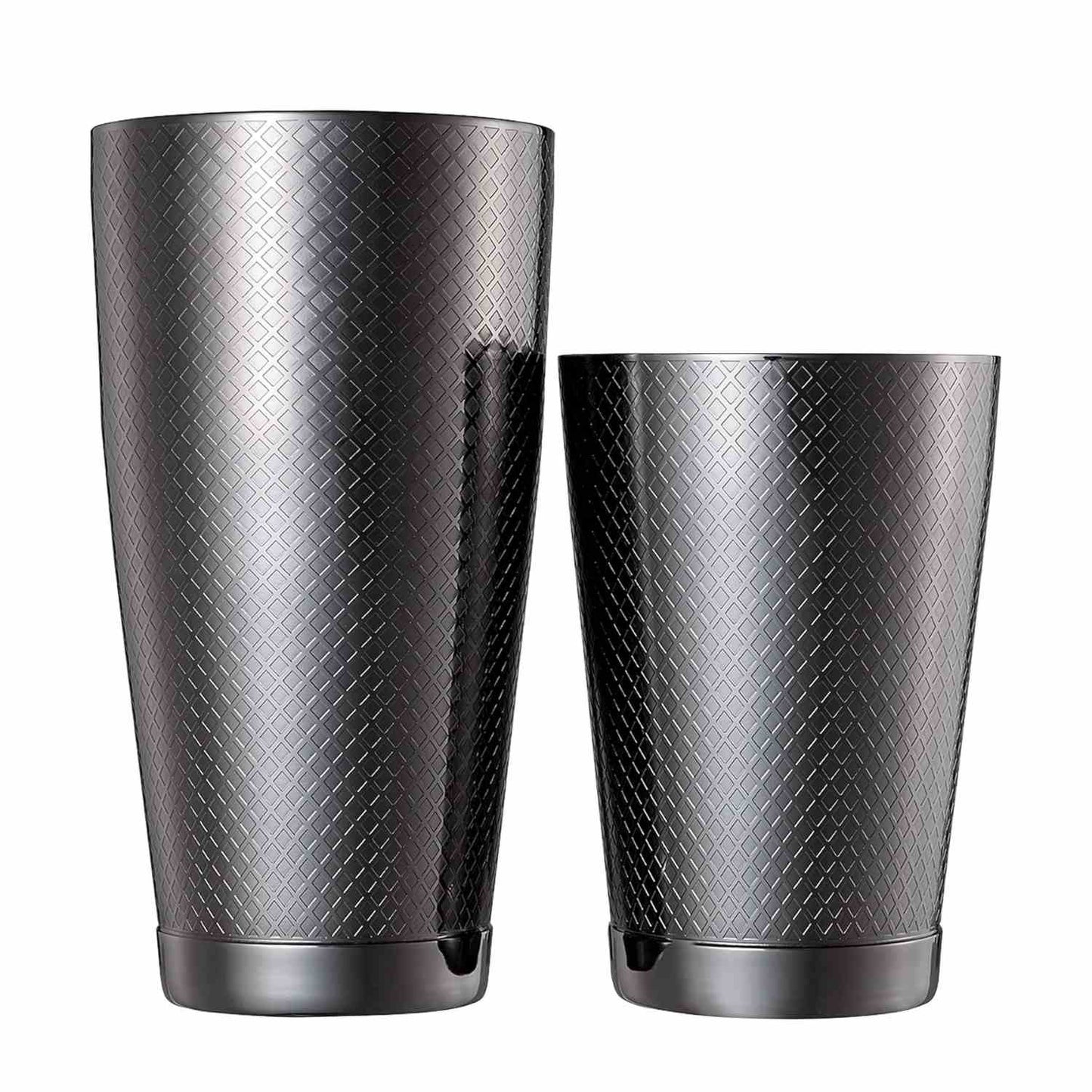 A Barfly Gun Metal Black colored diamond lattice shaker cocktail tin set of 18 oz and 28 oz on a white background