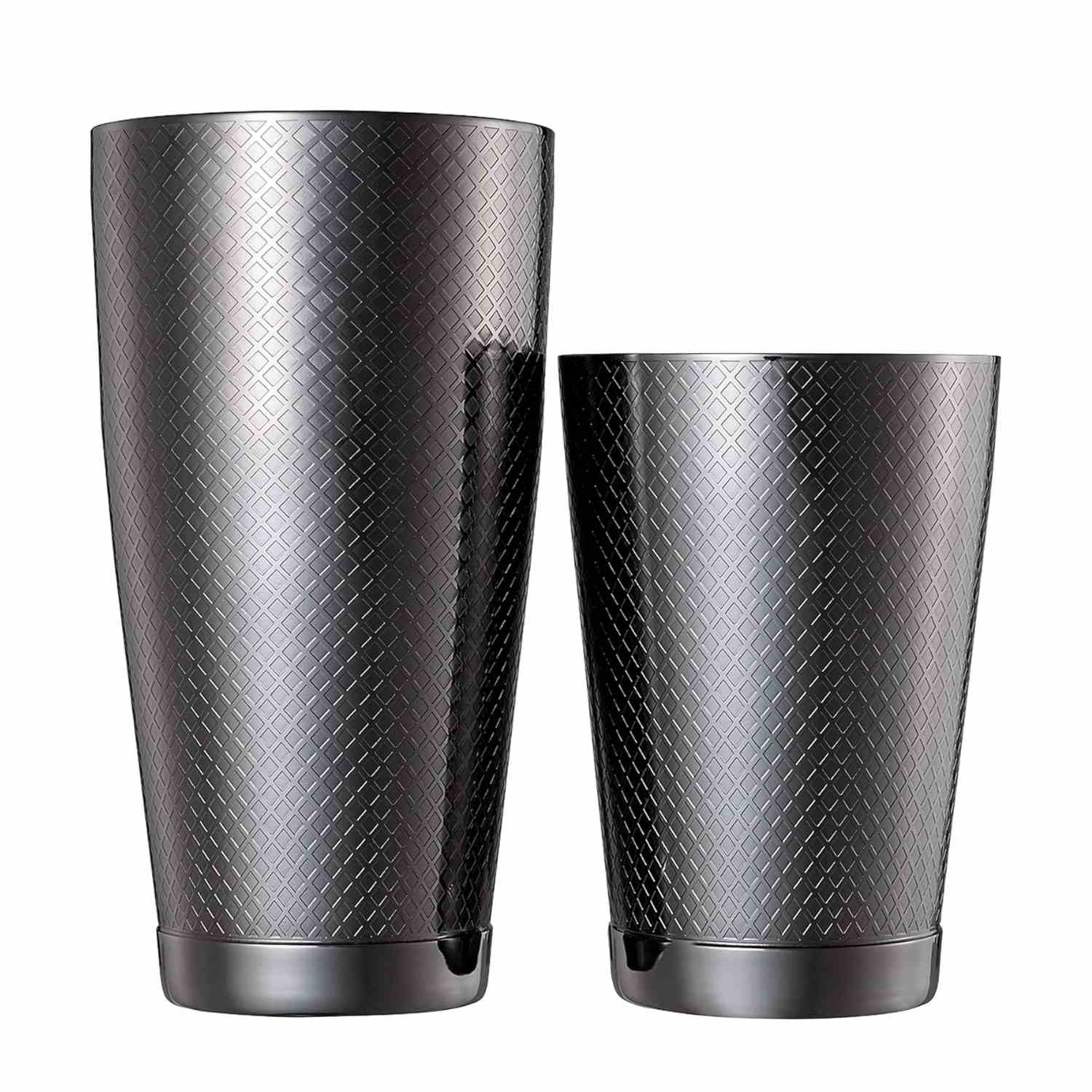 A Barfly Gun Metal Black colored diamond lattice shaker cocktail tin set of 18 oz and 28 oz on a white background