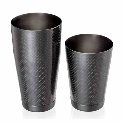 A Barfly Gun Metal Black colored diamond lattice shaker cocktail tin set of 18 oz and 28 oz on a white background