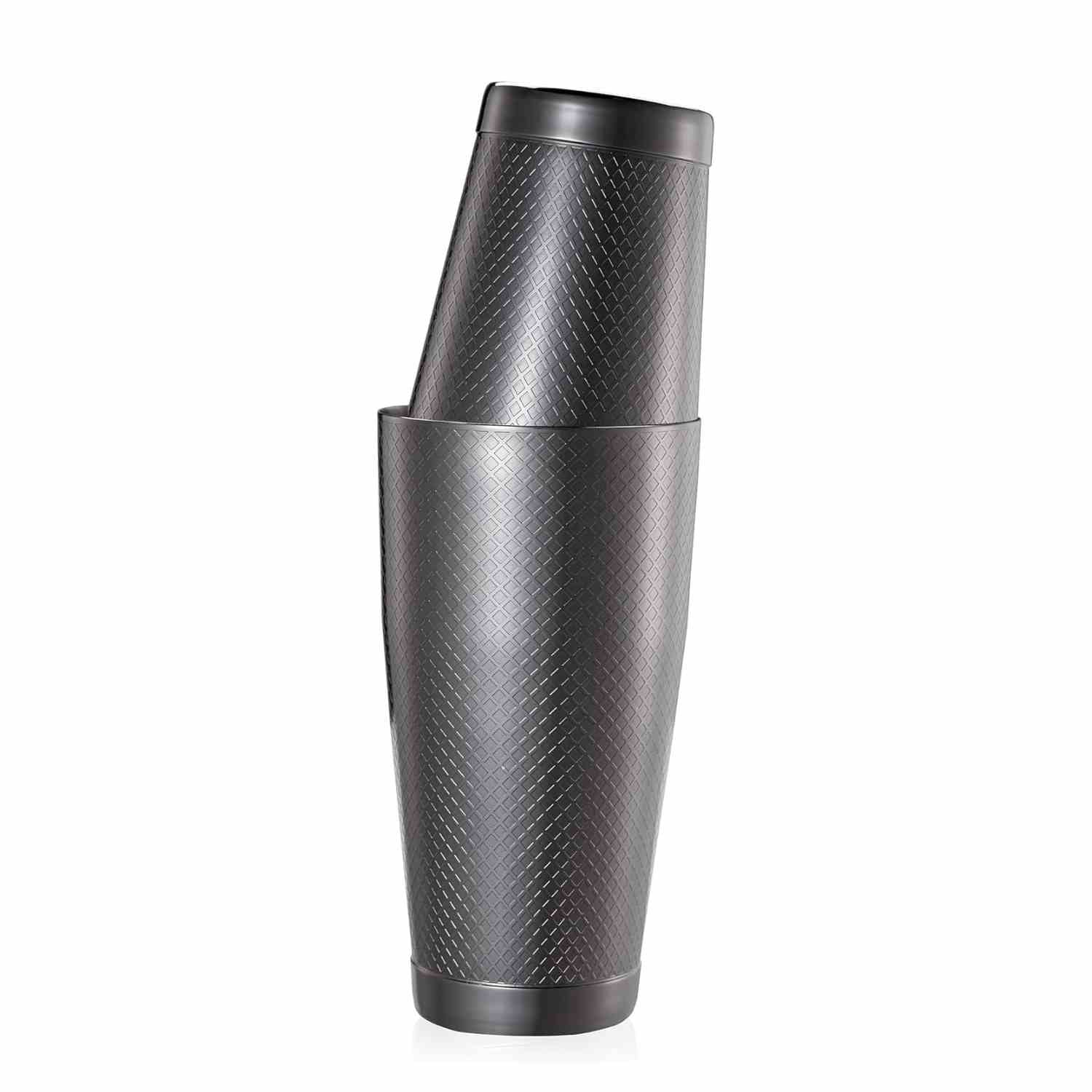 A Barfly Gun Metal Black colored diamond lattice shaker cocktail tin set of 18 oz and 28 oz on a white background
