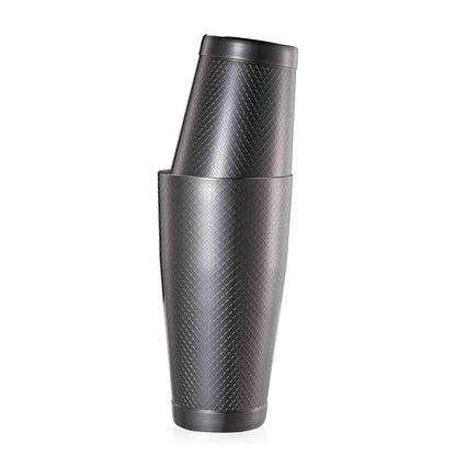 A Barfly Gun Metal Black colored diamond lattice shaker cocktail tin set of 18 oz and 28 oz on a white background