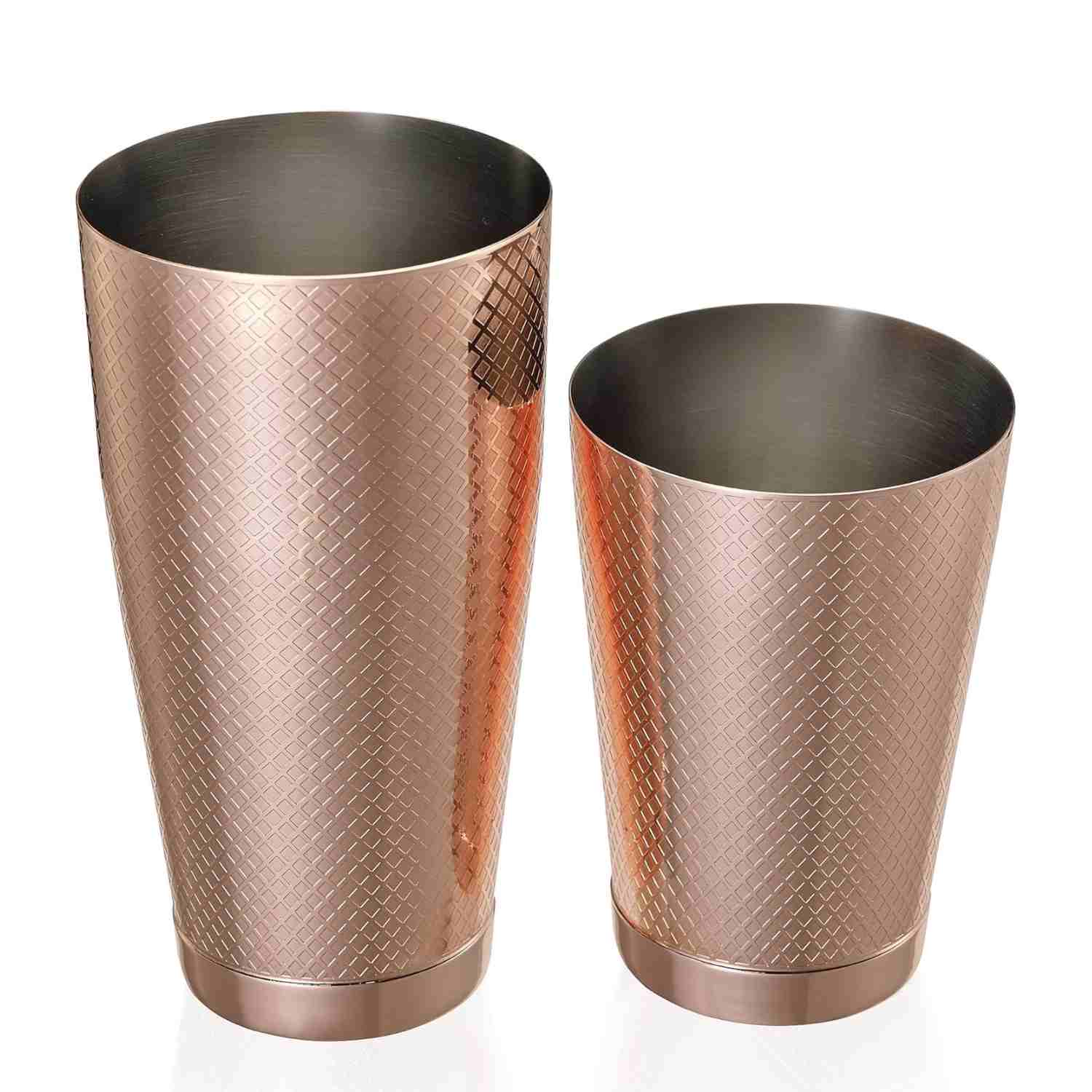 A Barfly Copper Plated diamond lattice shaker cocktail tin set of 18 oz and 28 oz on a white background