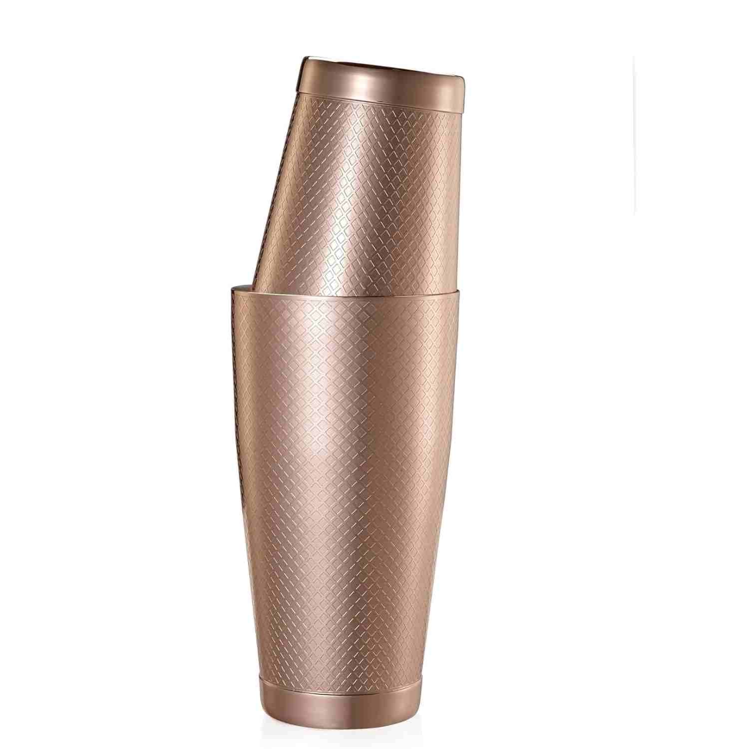 A Barfly Copper Plated diamond lattice shaker cocktail tin set of 18 oz and 28 oz on a white background