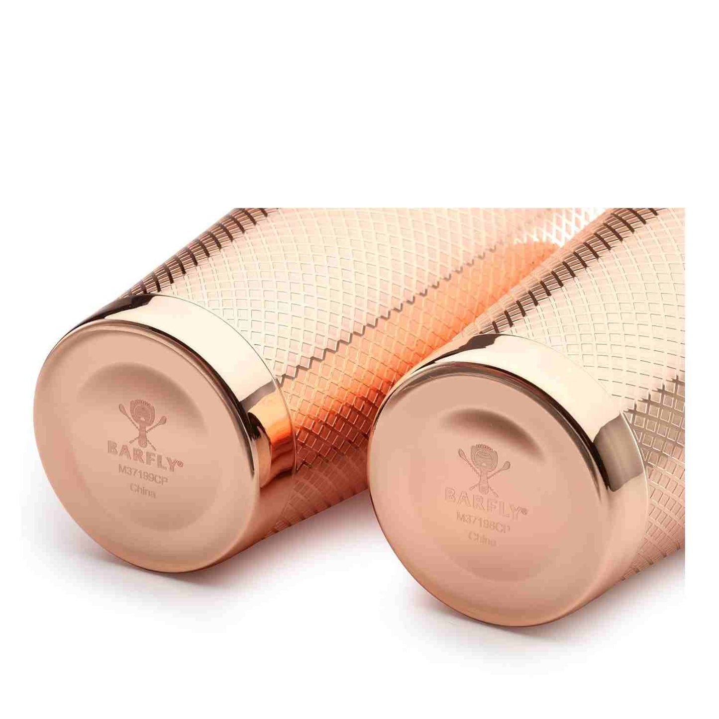 A close-up of the Barfly Copper Plated diamond lattice shaker cocktail tin set of 18 oz and 28 oz on a white background