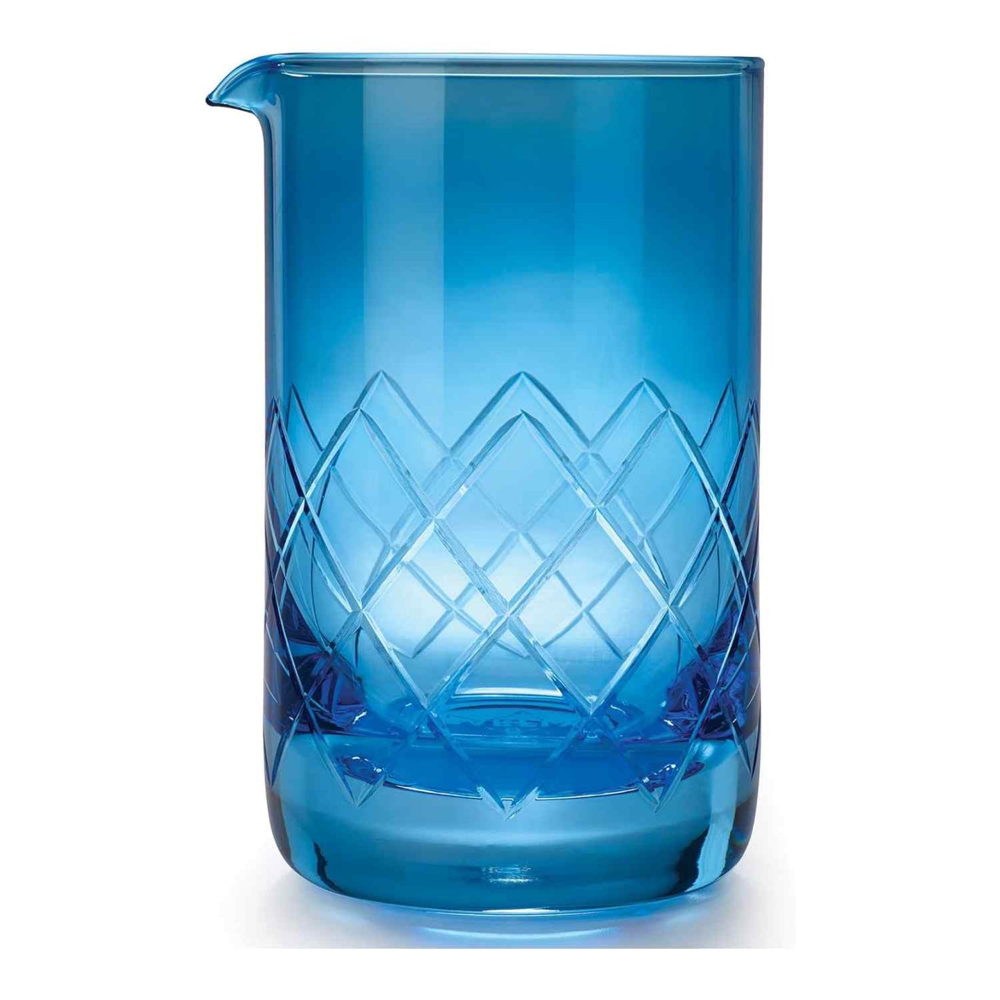 A Blue Barfly Mixing Glass 17oz (500 ml) with geometric patterns on a white background