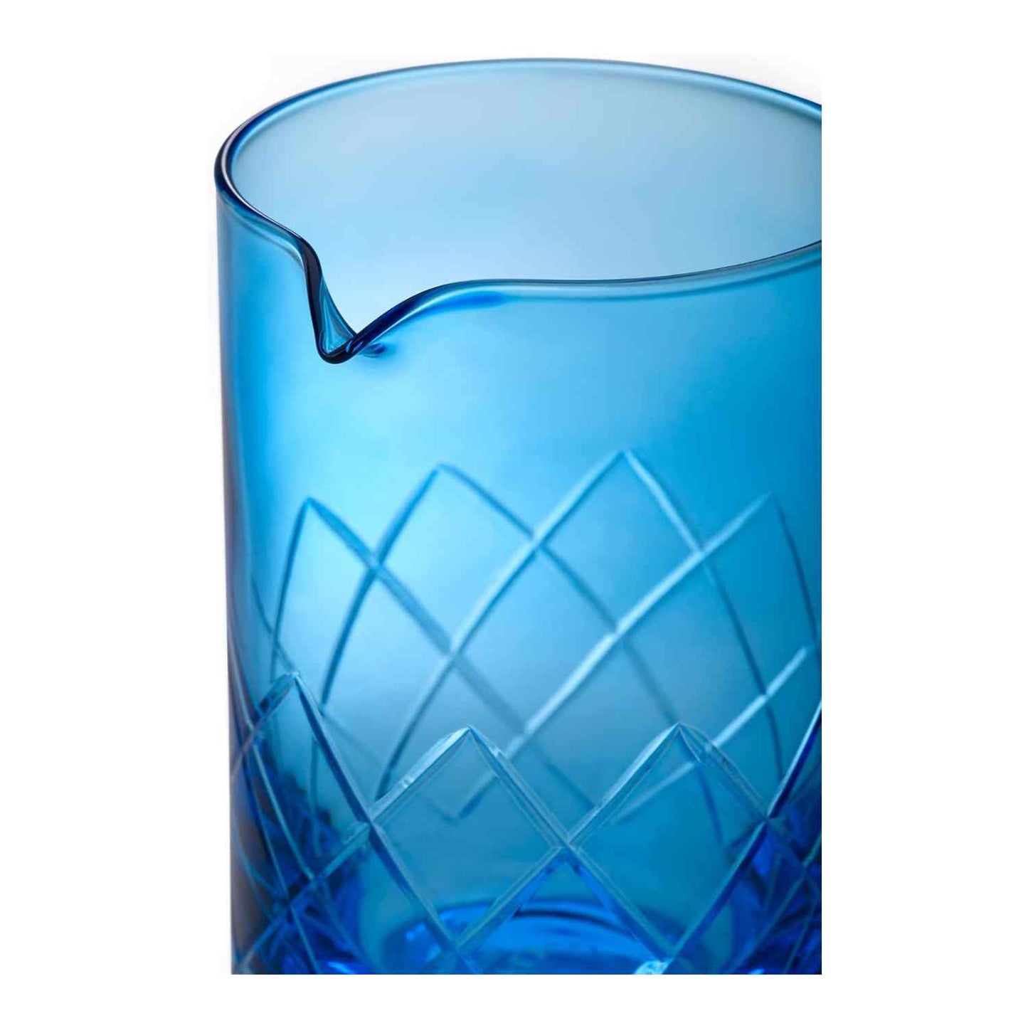 A Blue Barfly Mixing Glass 17oz (500 ml) with geometric patterns on a white background