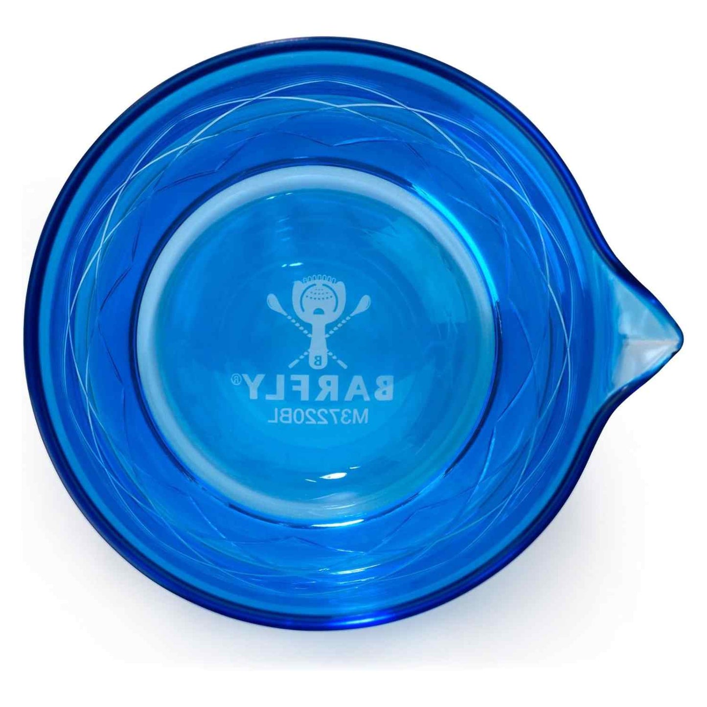 A close-up of the Blue Barfly Mixing Glass 17oz (500 ml) with geometric patterns on a white background