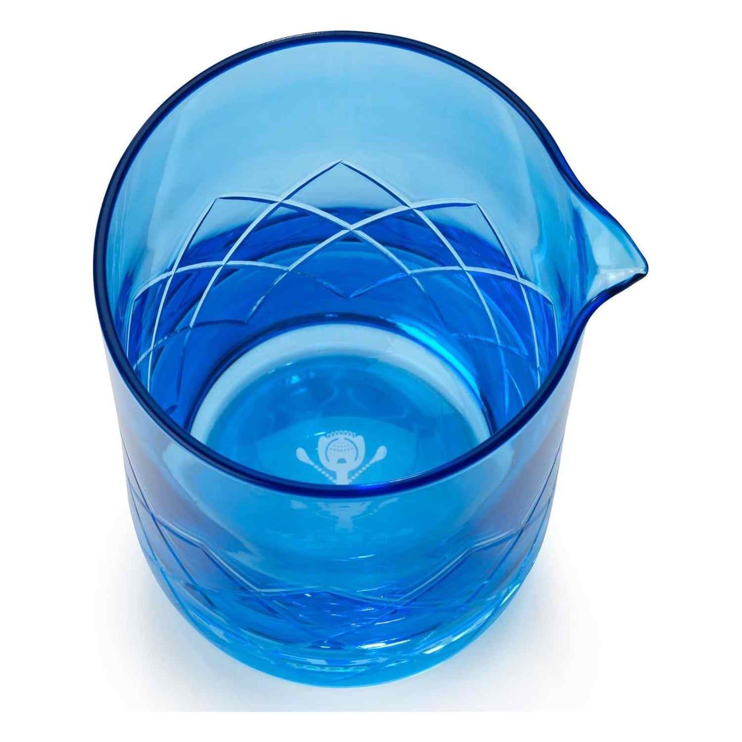 A close-up of the Blue Barfly Mixing Glass 17oz (500 ml) with geometric patterns on a white background