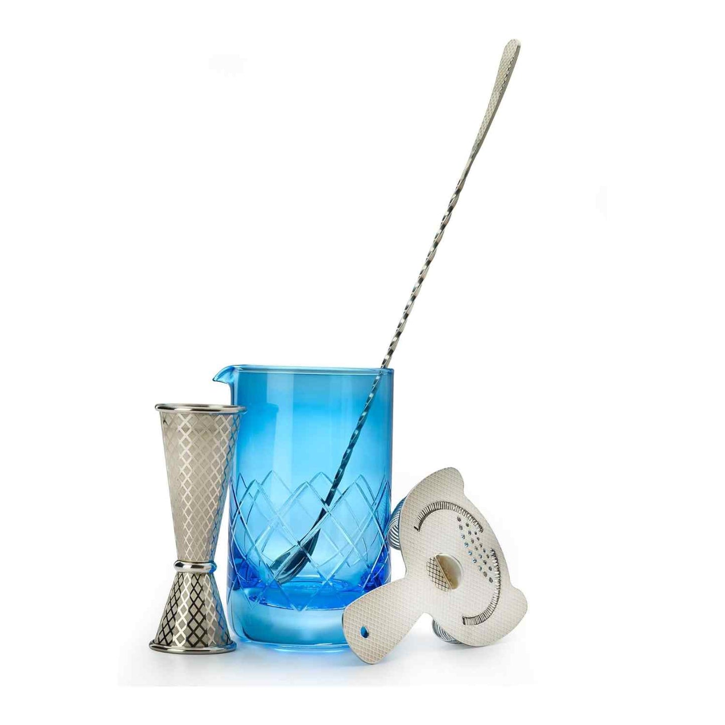 Bartending tools including a Blue Barfly Mixing Glass 17oz (500 ml), jigger, and strainer on a white background