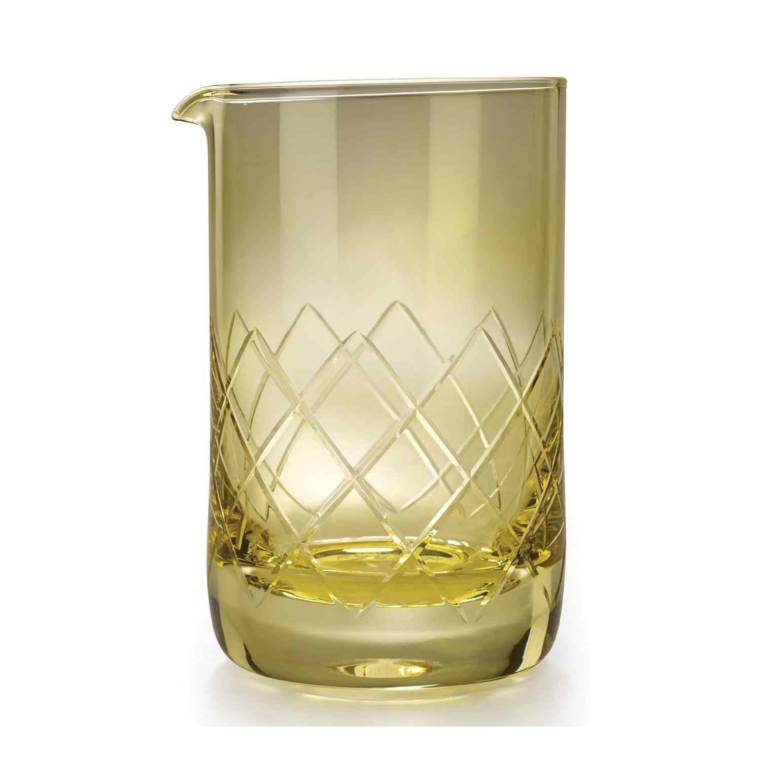 A Gold Barfly Mixing Glass 17oz (500 ml) with geometric patterns on a white background