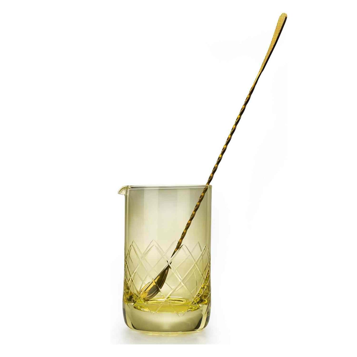 A Gold Barfly Mixing Glass 17oz (500 ml) with geometric patterns with a barspoon on a white background