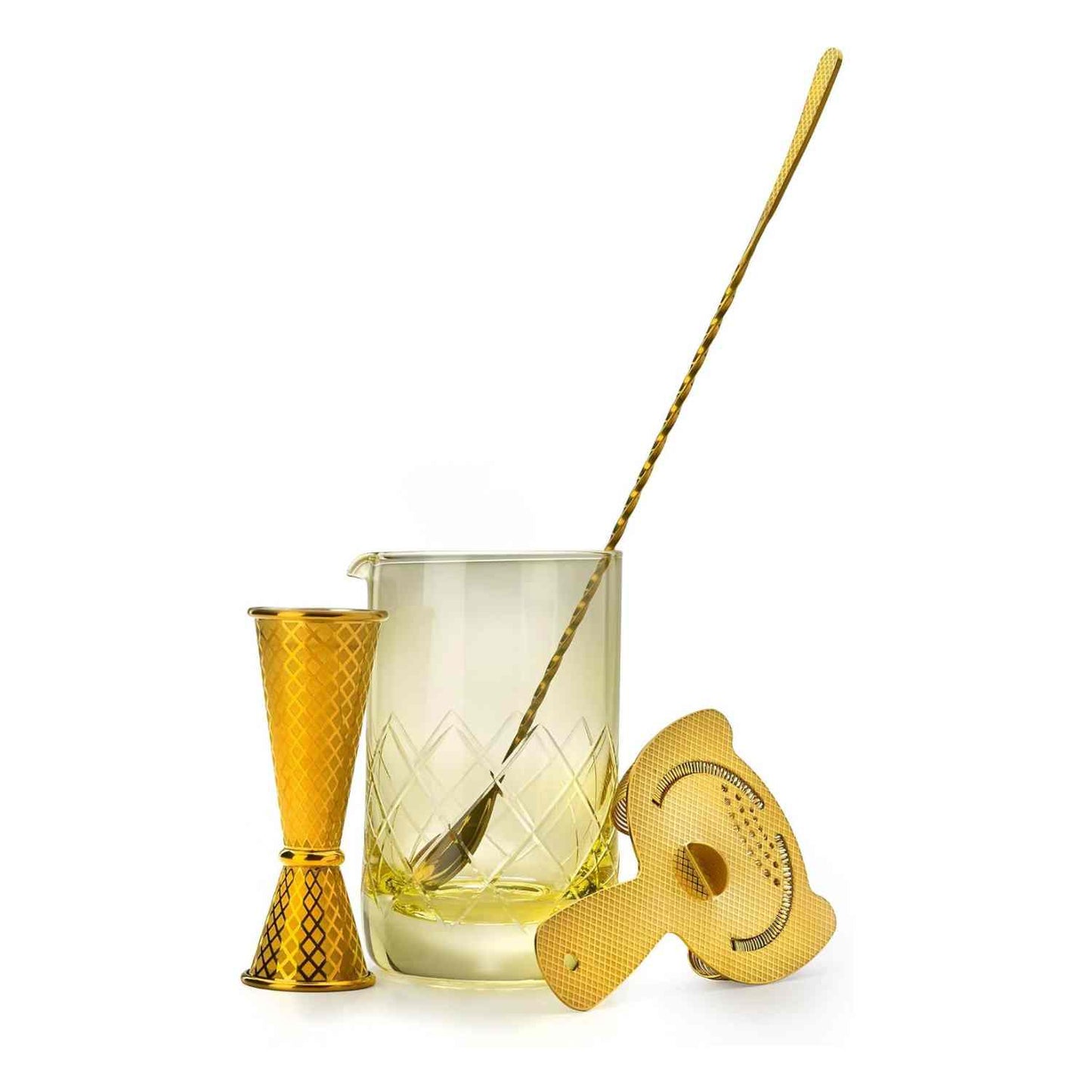 Bartending tools including a Gold Barfly Mixing Glass 17oz (500 ml), jigger, and strainer on a white background
