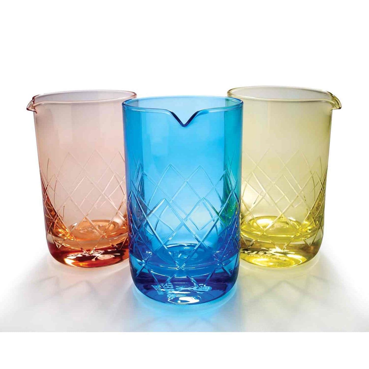 A Gold Barfly Mixing Glass 17oz (500 ml) with b;ue and yellow glasses on a white background