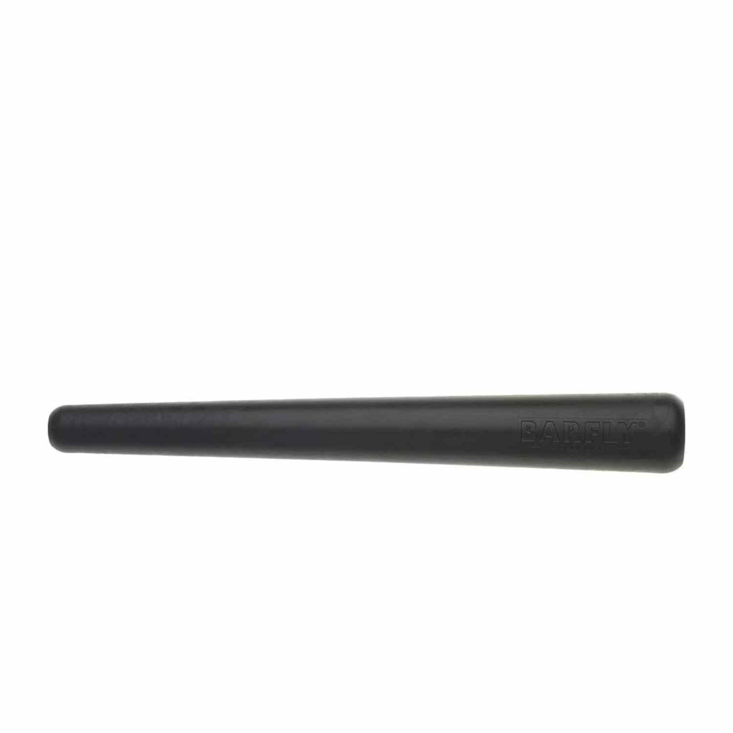A 12-inch long, black composite bar muddler by Barfly, with a rounded base and a smooth handle on a white background